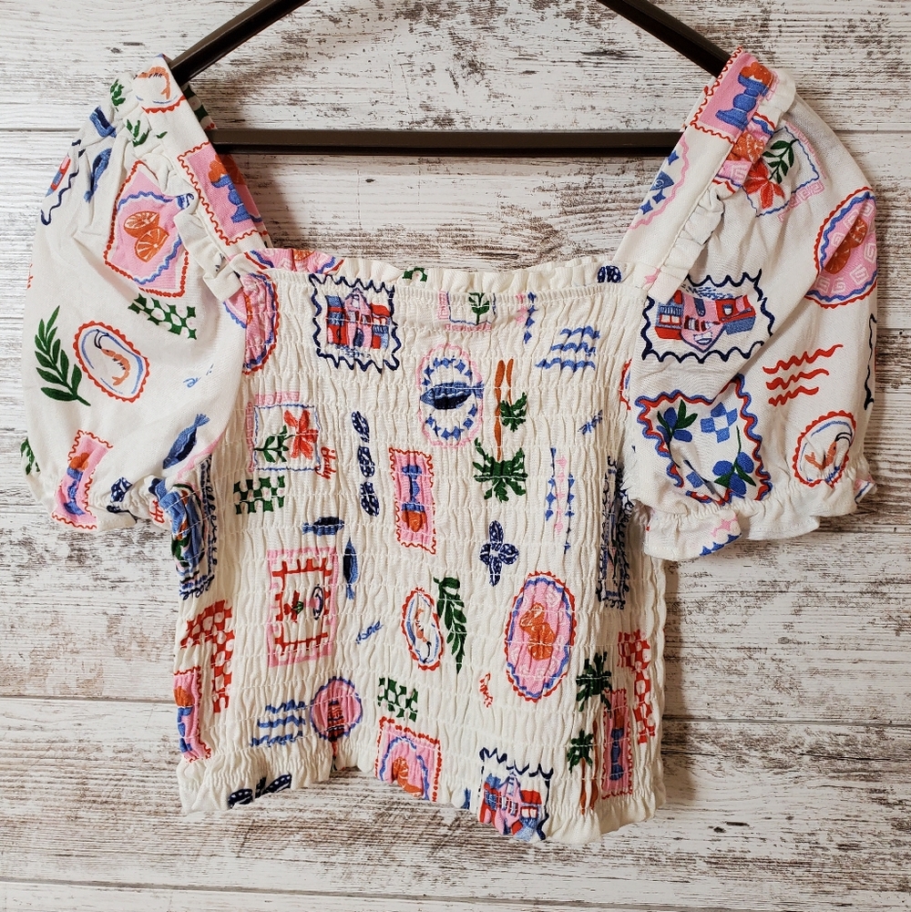 NWOT Monteau Los Angeles linen-blend smocked puff sleeve top